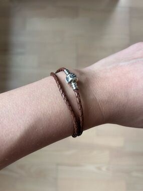 Pandora Jewelry Brown Braided Leather Double Wrap Bracelet with Silver Clasp